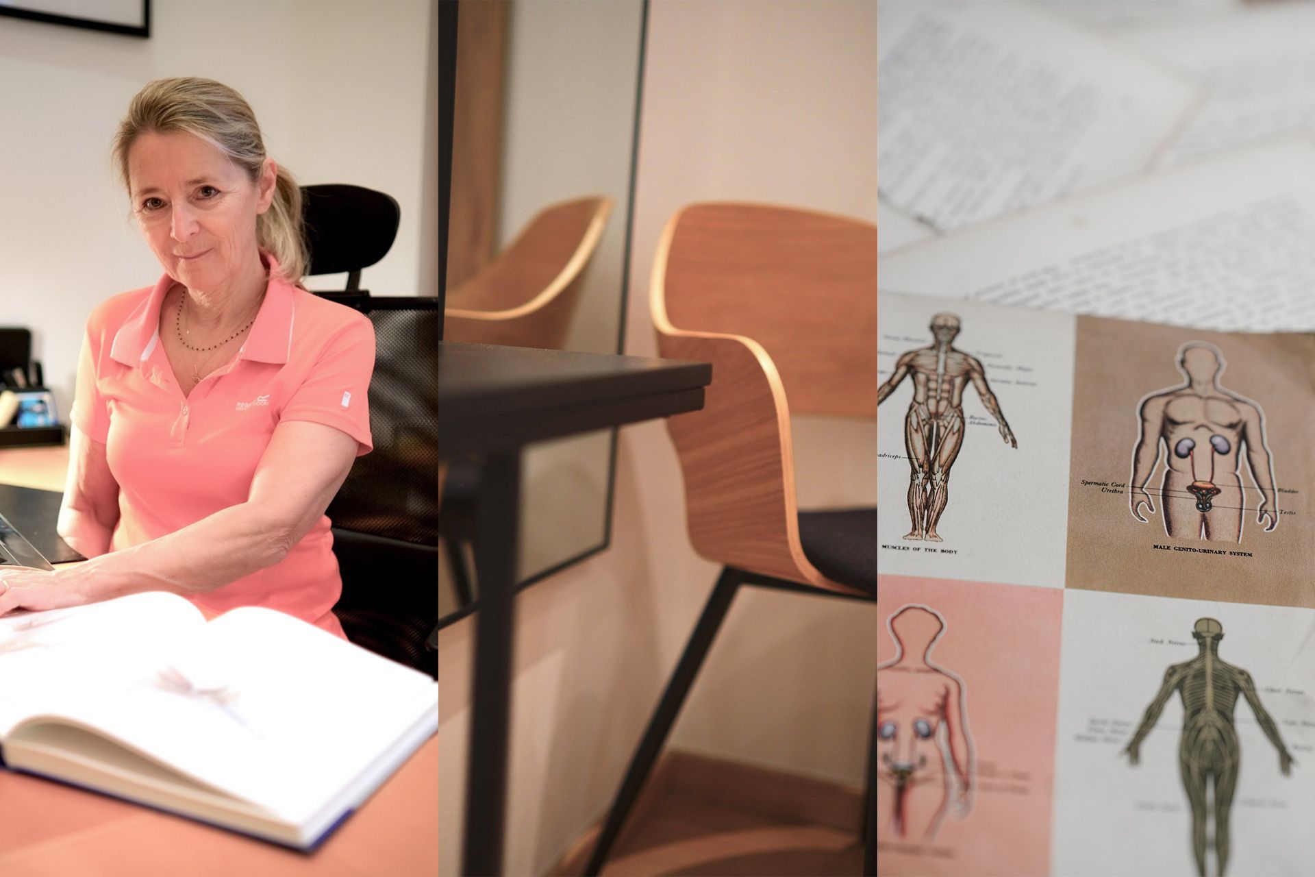 Frau Doktor Stoces sitzend am Tisch, Bildausschnitt mit Tischkante und Sessel, Bilder der menschlichen Anatomie